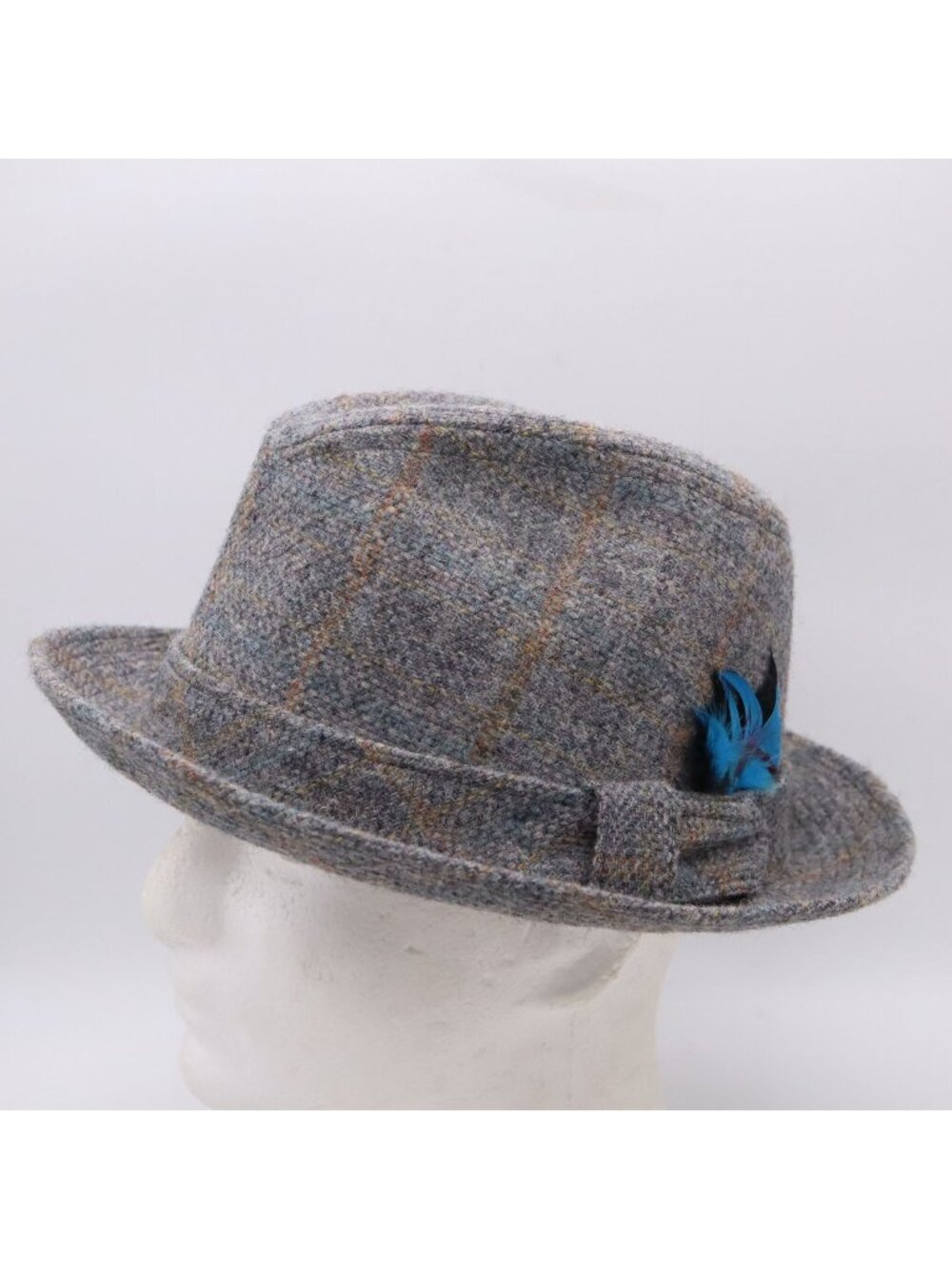 Vtg 1970s Churchill Ltd Fedora Hat 7 1/4  Gray Houndstooth Wool Tweed w/ Feather